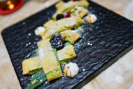 Chinese snowflake pancake with avocado paste shows Yen’s playful side