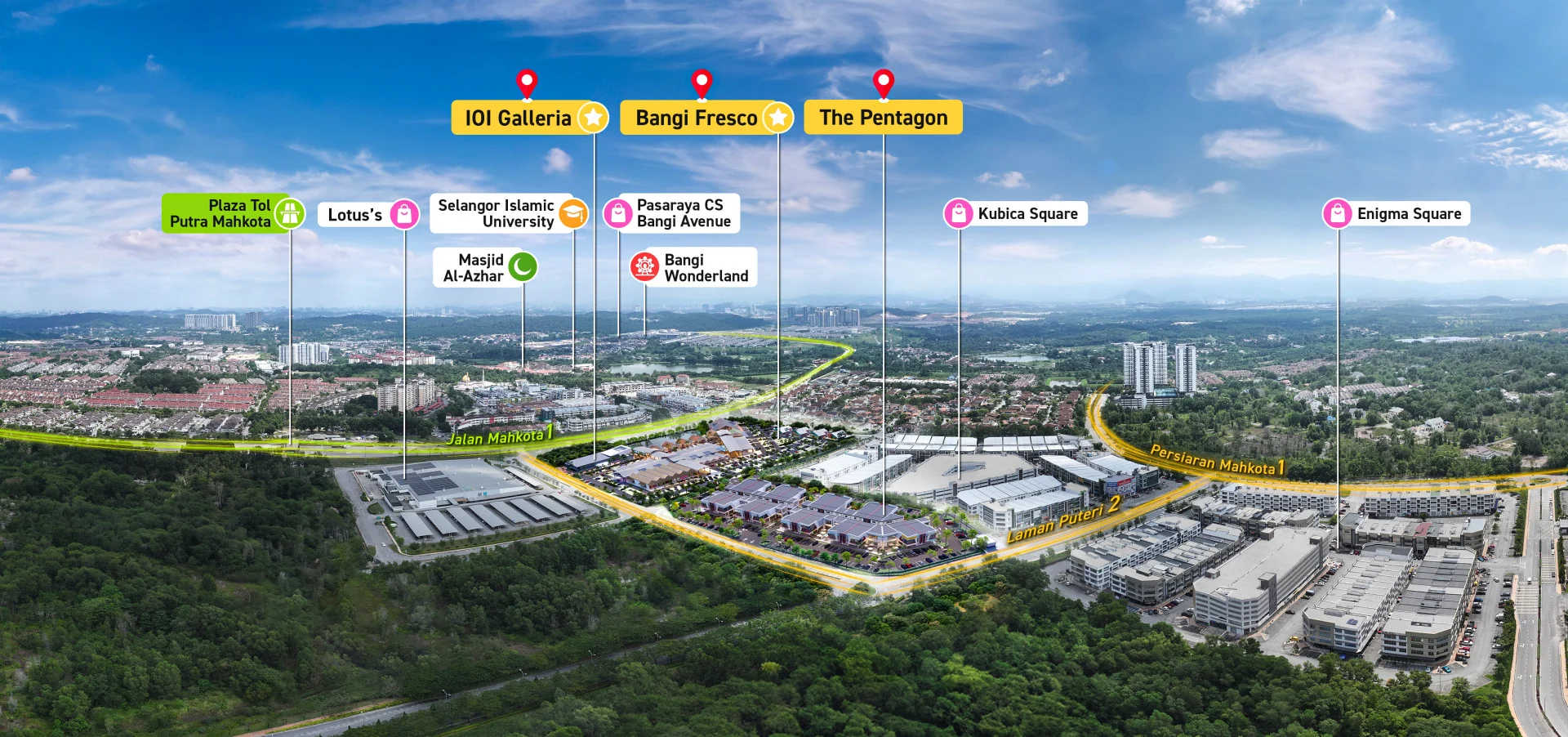 The Pentagon坐拥多条高速公路交汇点，能快速通达吉隆坡、布城及周边工业园，交通网络畅达无阻。